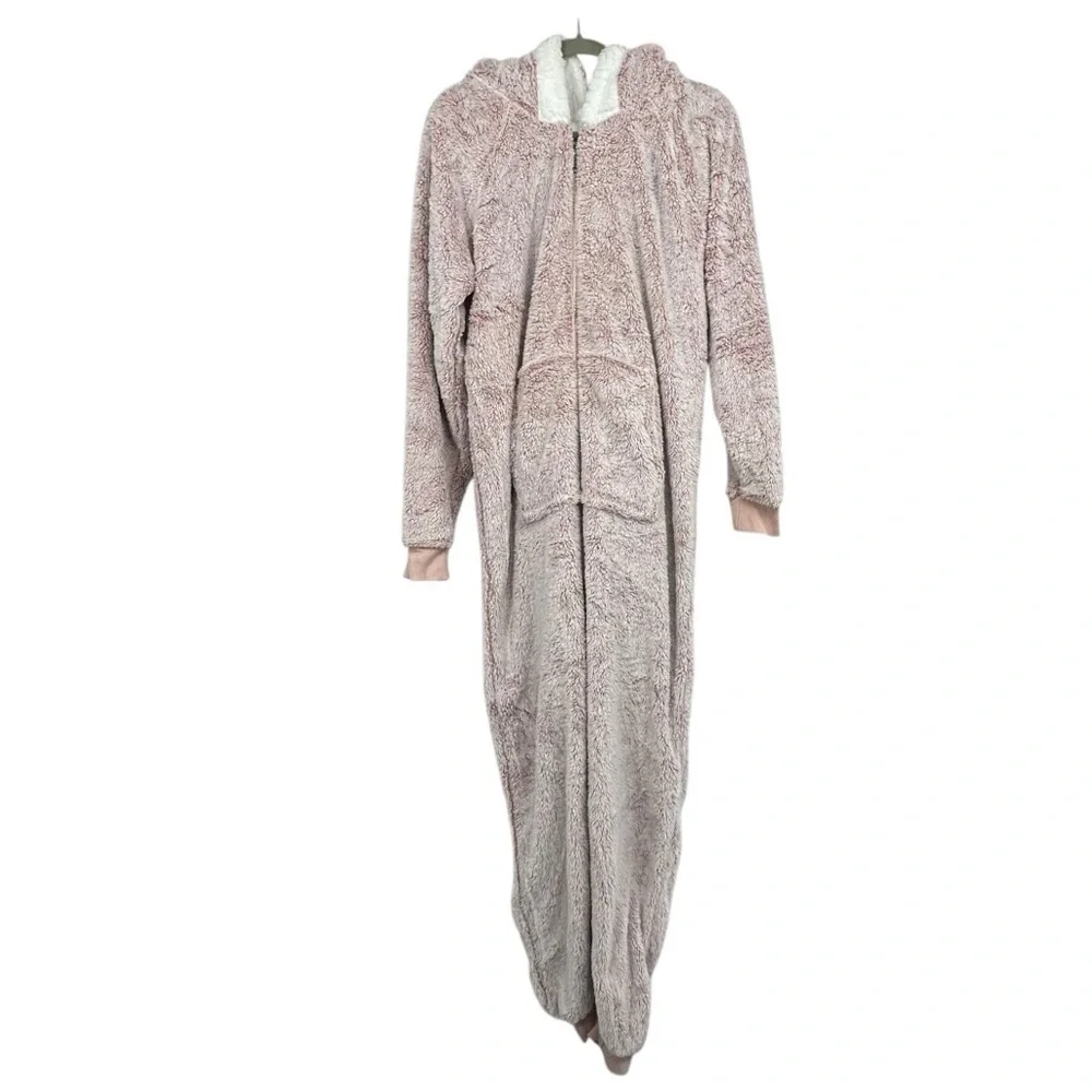The Big Softy Women’s Hooded Zip-Up Fleece Lounger Blanket Jumpsuit Size L Pink